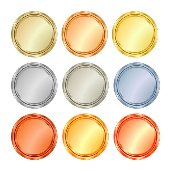 Vector round blank templates from gold platinum silver bronze copper brass which can be used as print medals badges coins medals tags labels — Stock vektor