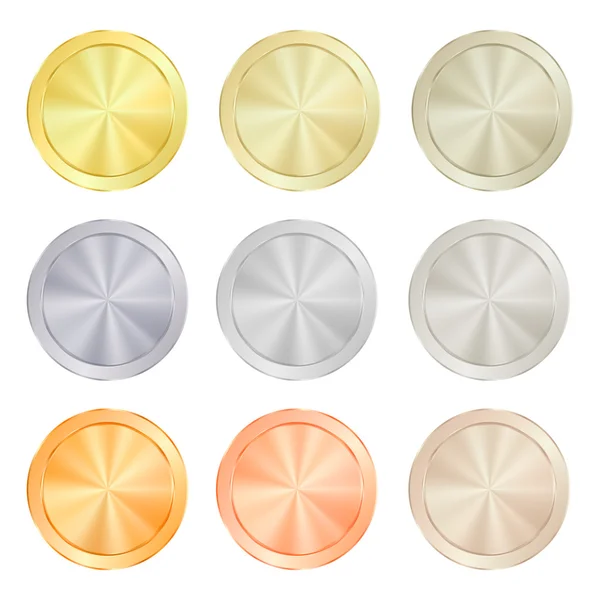 empty Blank Set  vector templates for coin, price tags, sewing buttons, buttons, icons or medals with gold different types: white, red, pink, silver, platinum shiny metal texture