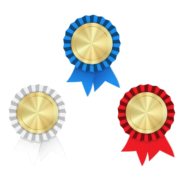 Vector gold medals with red white and blue ribbons and rosette on a white background — Wektor stockowy