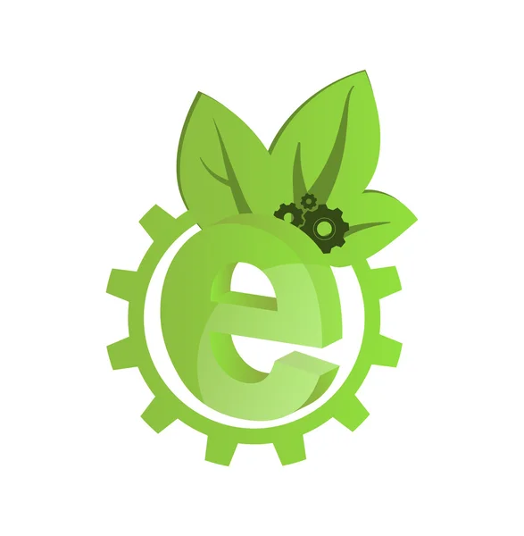 Vector icon green gears with green leaves and the letter e in the gear wheel — Vetor de Stock