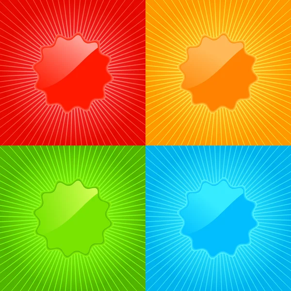 Multicolored vector set of empty labels on the background with radiating rays — 图库矢量图片