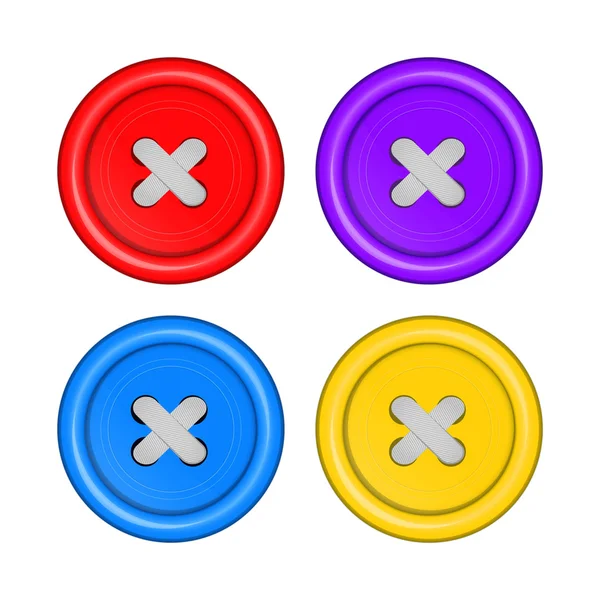 Sewing buttons set vector red, purple, blue, and yellow with white sewing thread — 图库矢量图片