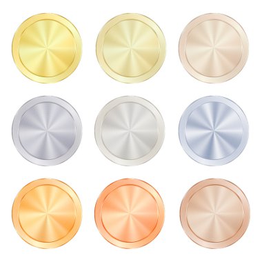 Vector round polished knob centric circles with different types of metal, gold, red gold, platinum, silver, bronze, copper, aluminum, brass, which can be used as a coin, price tags, labels,