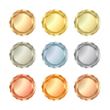 Vector set of glossy blank templates for medals, coins, buttons, metal gold, red gold, white gold, platinum, silver, bronze, copper, aluminum