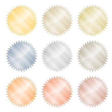 Blank glossy stickers with reflections vector gold, red gold, platinum, silver, bronze, copper, aluminum.  Which can be used as coins, labels, buttons