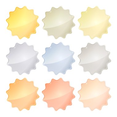 Vector set of blank glossy templates of different metals gold, red gold, white gold, platinum, silver, bronze, copper, aluminum for icons, labels, signs and symbols