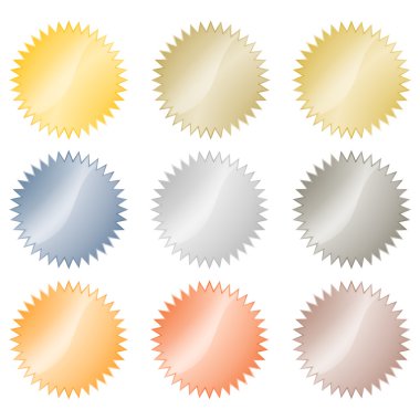 Blank glossy vector stickers in gold, red gold, platinum, silver, bronze, copper, aluminum. Which can be used as a coin, labels, buttons