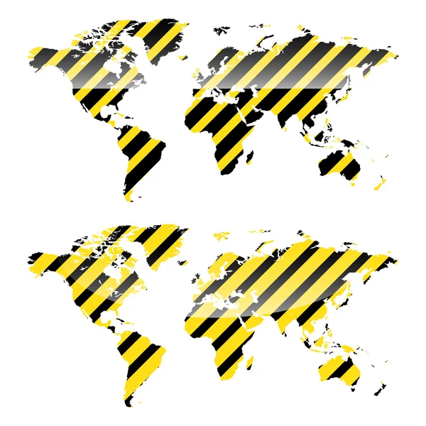 Vector glossy World map of yellow and black stripes danger warning — Vector de stock