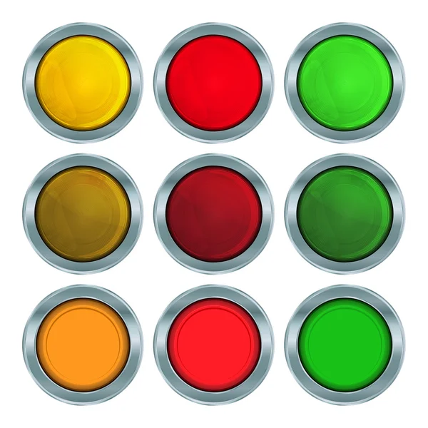 Vector set of round buttons of red, orange and green colors in chromed metal frame with turning on and off lights of the same color — 图库矢量图片