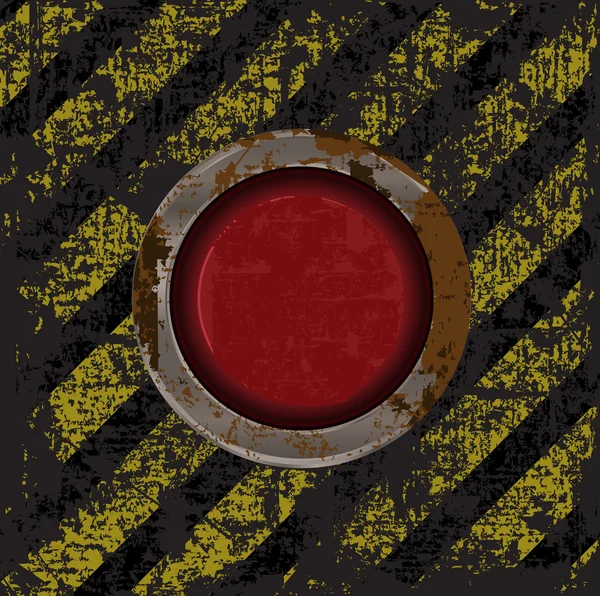 Vekton dirty old rusty red button on the scratched background with a yellow- black stripes warning about the dangers of