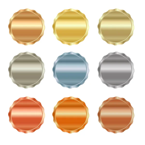 Vector set of blank stamps of gold, red gold, white gold, platinum, silver, bronze, copper, brass, aluminum, which can be used as icons, buttons, coins, medals