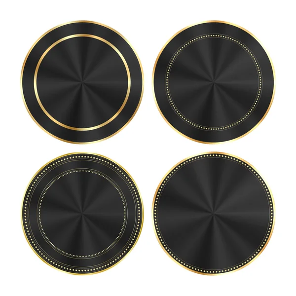 vector set of colorful glossy black with gold and centric circles round medals that can be used as buttons, banners, labels