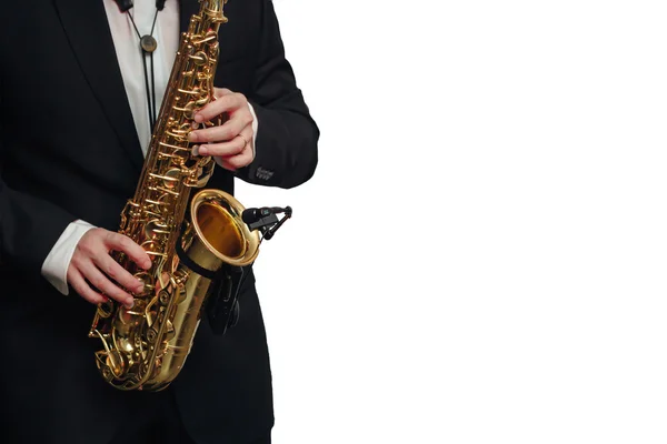 Saxophone jugador hombre aislado fondo blanco — Foto de Stock