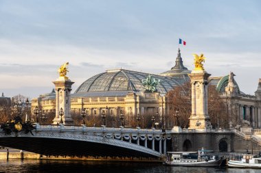 Alexandre Köprüsü ve Grand Palais Paris 'te altın saat - Fransa