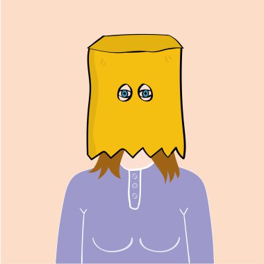 Head and shoulders of a young girl or woman with a brown paper bag over head and holes cut out for her eyes clipart
