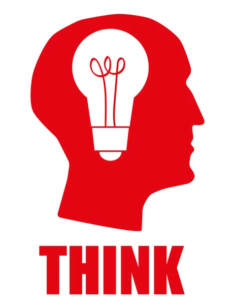 Cabeça humana em perfil com um símbolo de lâmpada acima da palavra Pense como conceito para a criatividade no negócio — Vetor de Stock