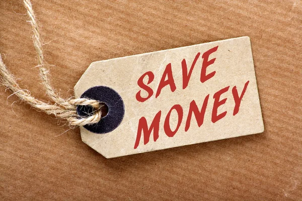 Salvar dinheiro preço Etiqueta — Fotografia de Stock