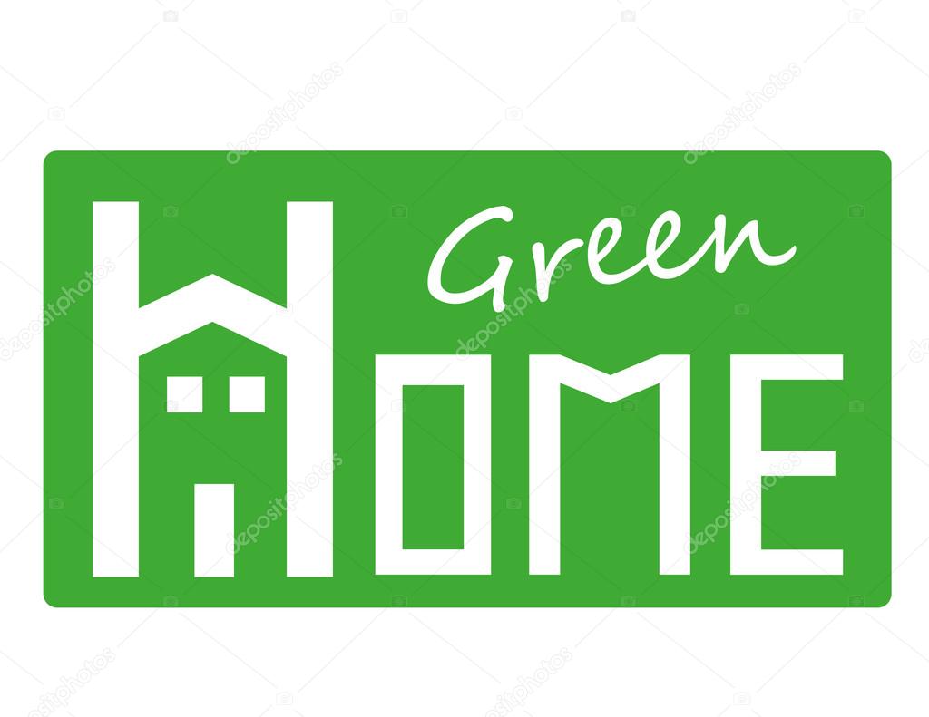 The words Green Home in white text on a green background with the letter H in the shape of a house with door and windows