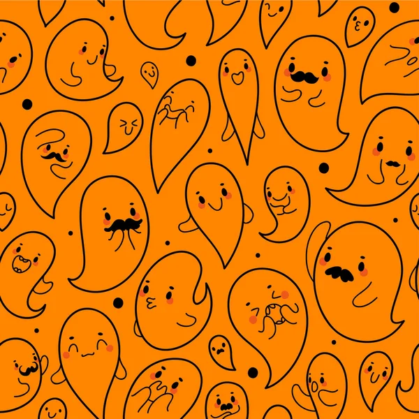 Nahtloses orangefarbenes Muster mit handgezeichneten Halloween-Geistern, Vektor. — Stockvektor