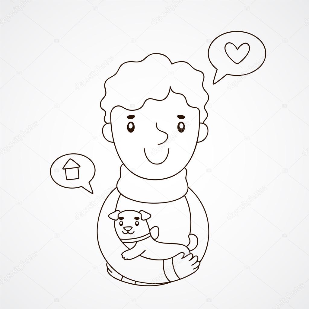 Cute hand drawn illustration of a boy with a puppy, coloring book, poster, vector.