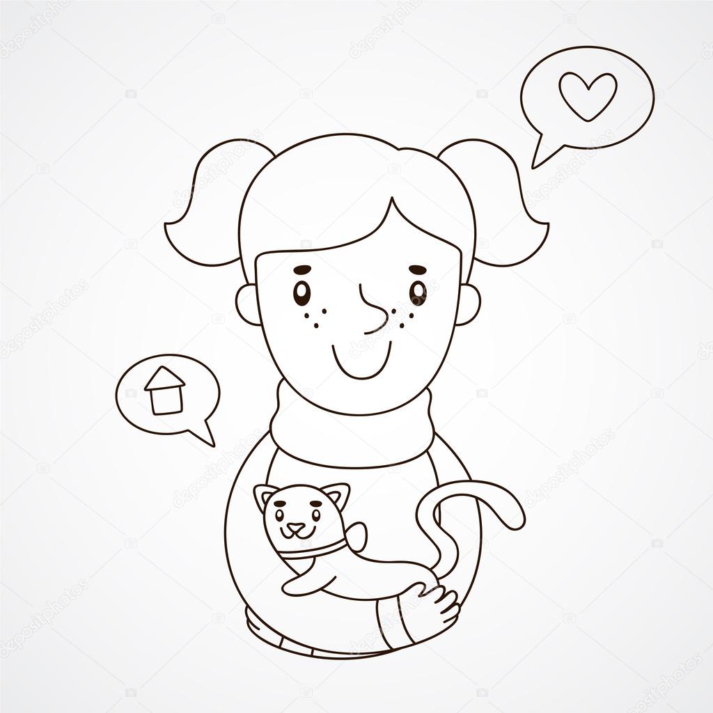 Cute hand drawn illustration of a girl with a kitten, coloring book, poster, vector.