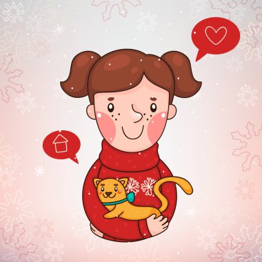 Christmas illüstrasyon, bir yavru kedi, poster, vektör ile kız.