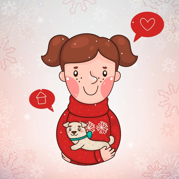 Christmas illustration, Girl with puppy, poster, vector. — Stock Vector