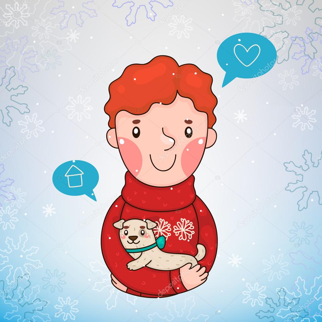 Christmas illustration, Boy with puppy, poster, vector.
