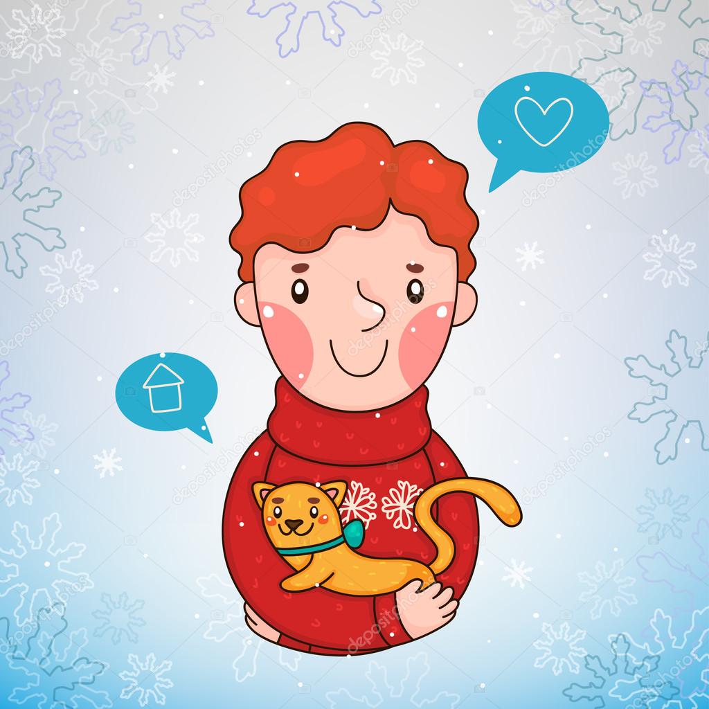 Christmas illustration, Boy with a kitten, poster, vector.