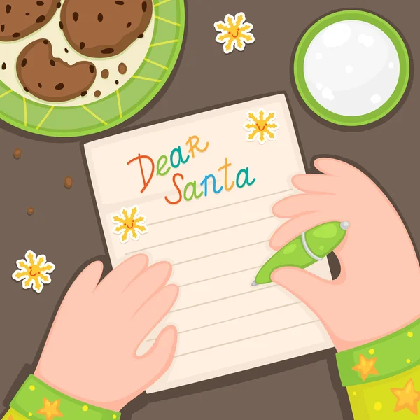 Carta de Navidad a Santa Claus de un niño en pijama verde, vector . — Archivo Imágenes Vectoriales