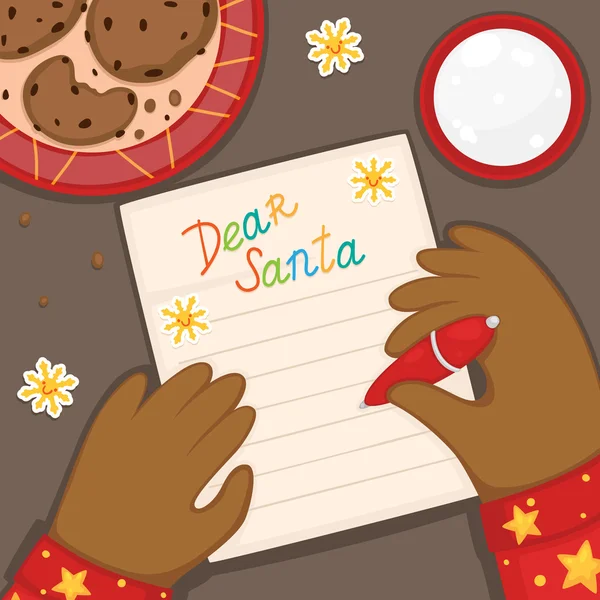Vánoční dopis do Santa Claus z africké americké dítě v červené pyžamo, vektorové. — Stockový vektor