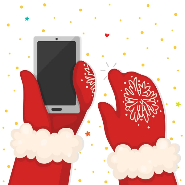 Illustration de Noël avec les mains tenant le téléphone, vecteur . — Image vectorielle