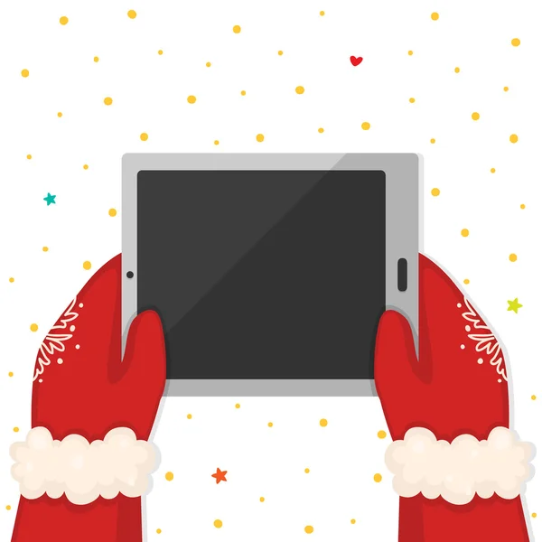 Christmas illustration with hands holding a tablet, vector. — Stock Vector