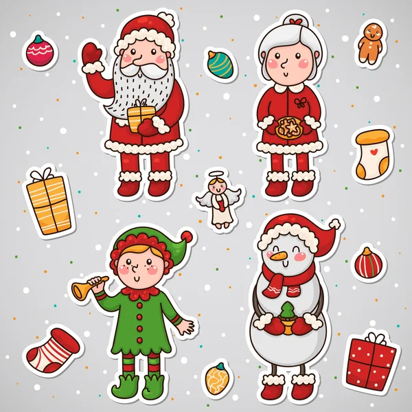 Stickers with Christmas and New year characters, set, vector. — Stock Vector