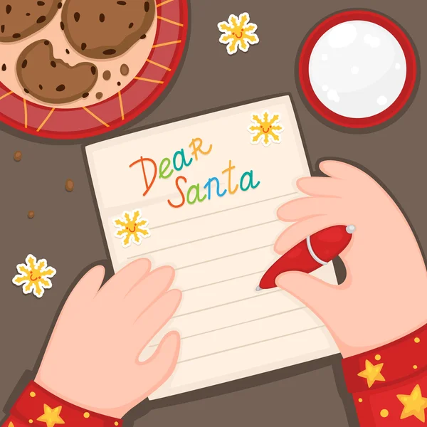 Carta de Navidad a Santa Claus de un niño en pijama rojo, vector . Vector de stock