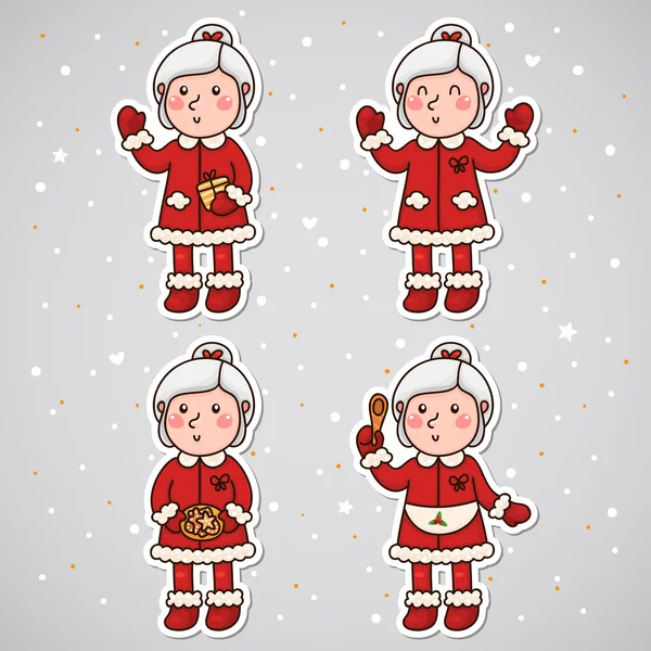 Stickers with Mrs Claus, set, vector. Stock Illustration