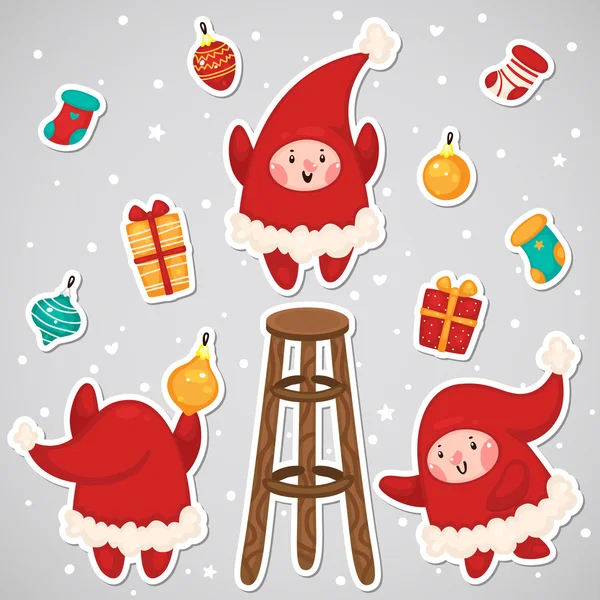 Pegatinas con elfos de Navidad, conjunto, vector . Gráficos vectoriales