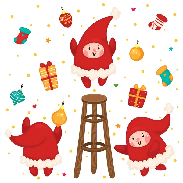 Elfos de Navidad, conjunto, vector . Ilustraciones De Stock Sin Royalties Gratis