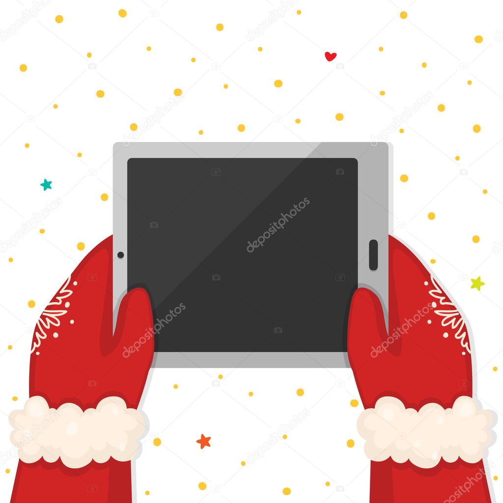 Christmas illustration with hands holding a tablet, vector.