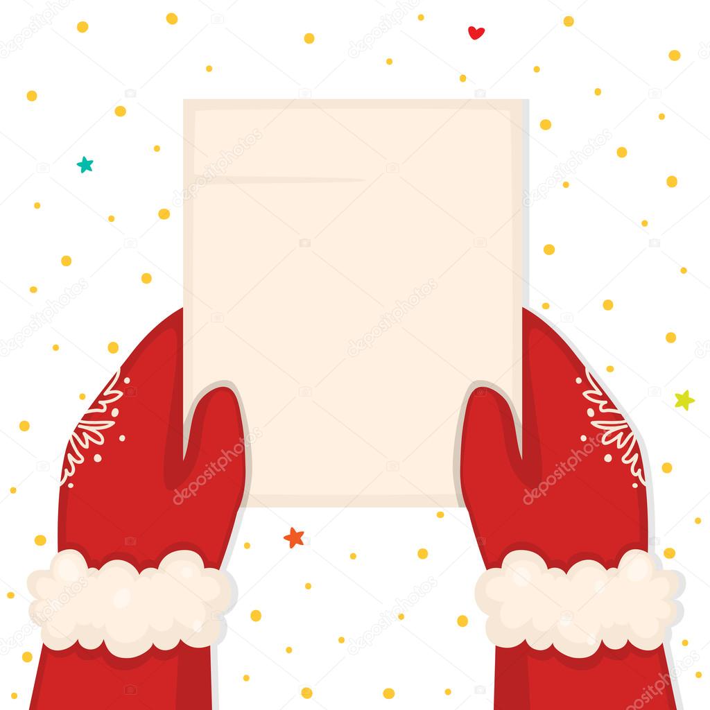 Christmas illustration with hands holding a blank list, vector.