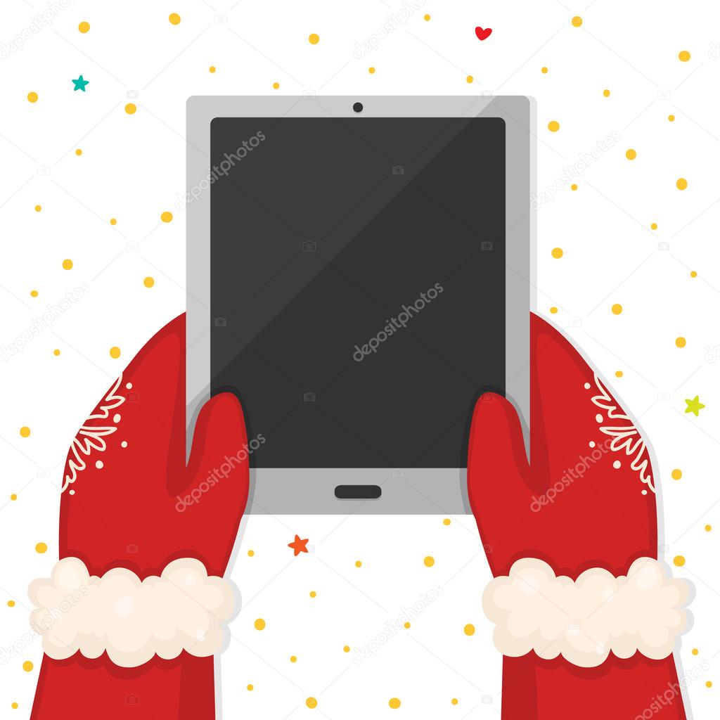 Christmas illustration with hands holding a tablet, vector.