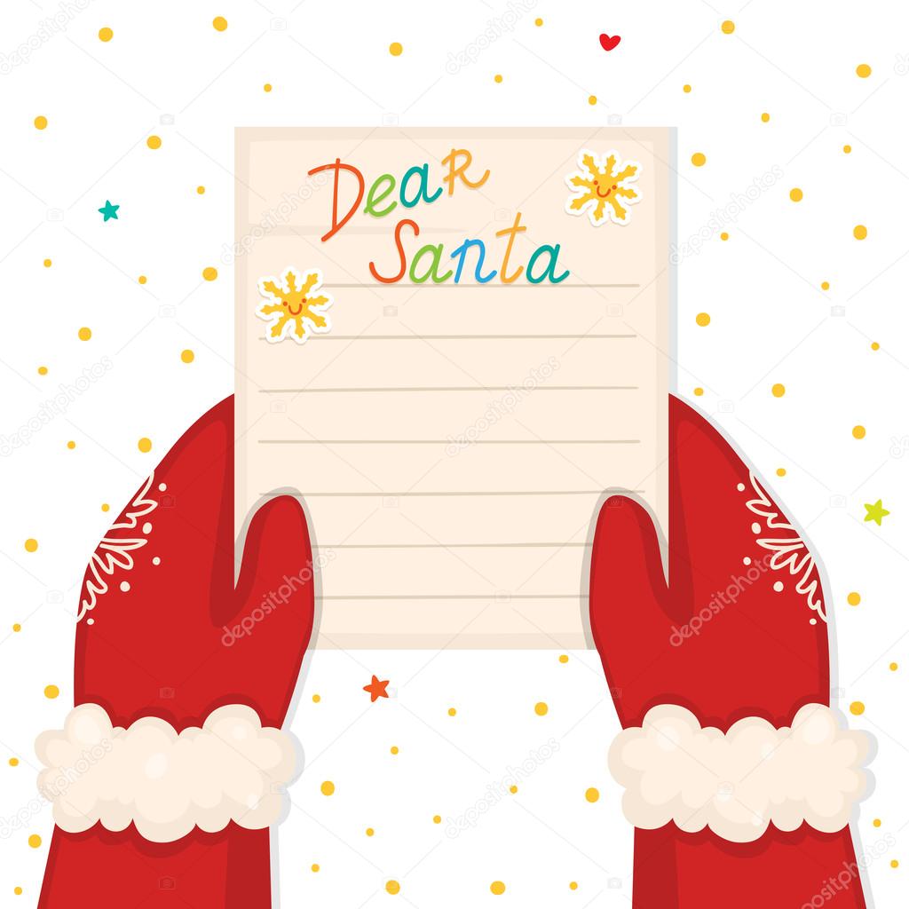 Christmas illustration with hands holding a letter from a child, vector.