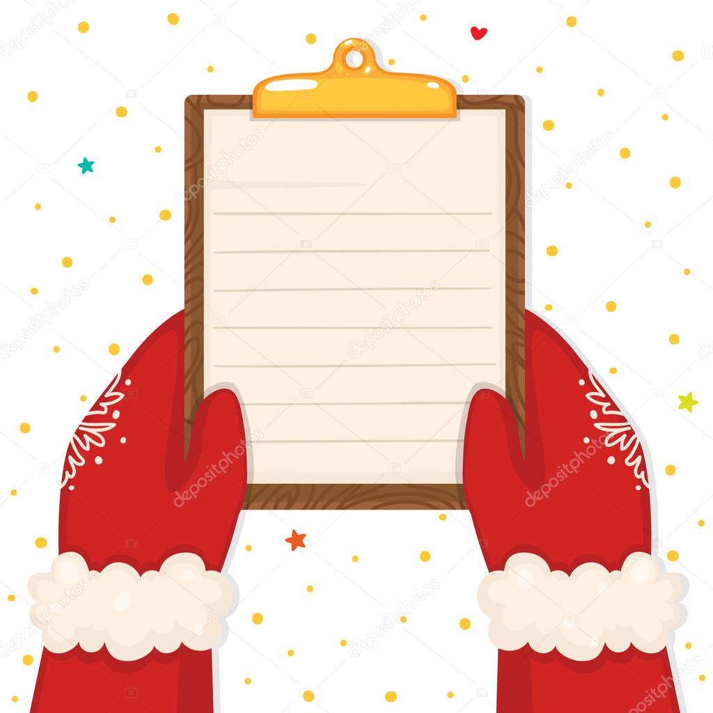 Christmas illustration with hands holding a clipboard, vector.