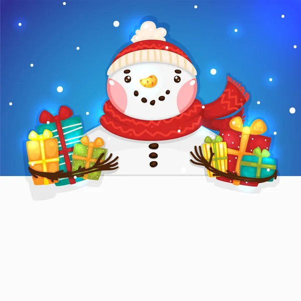 Cute Snowman with gifts and blank horizontal banner, vector. — Stock Vector