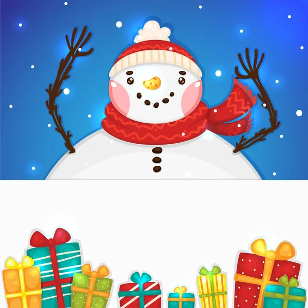 Lindo muñeco de nieve con regalos y banner horizontal en blanco, vector . — Archivo Imágenes Vectoriales