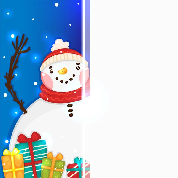 Lindo muñeco de nieve con regalos y banner vertical en blanco, vector . — Archivo Imágenes Vectoriales