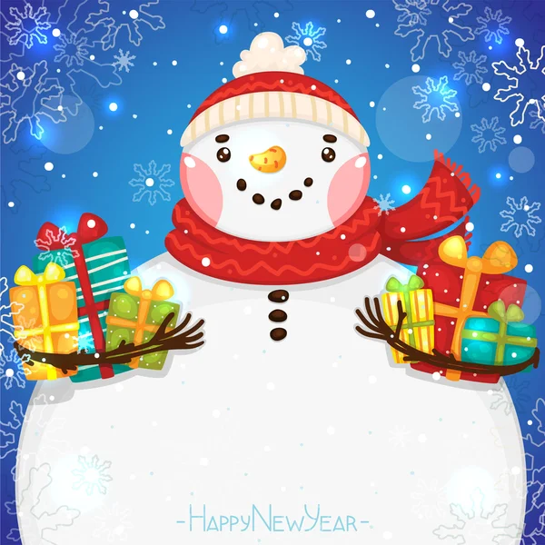 Bonne année carte avec bonhomme de neige et cadeaux, vecteur . — Image vectorielle