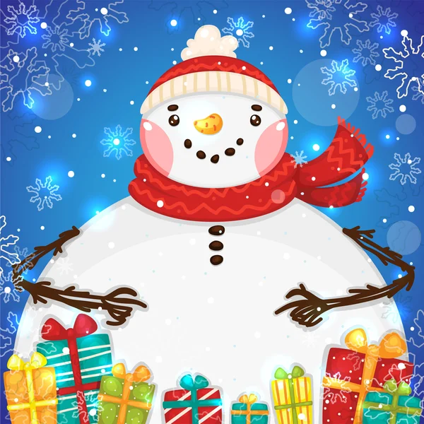 Cute Snowman with gifts, vector. — Stock Vector