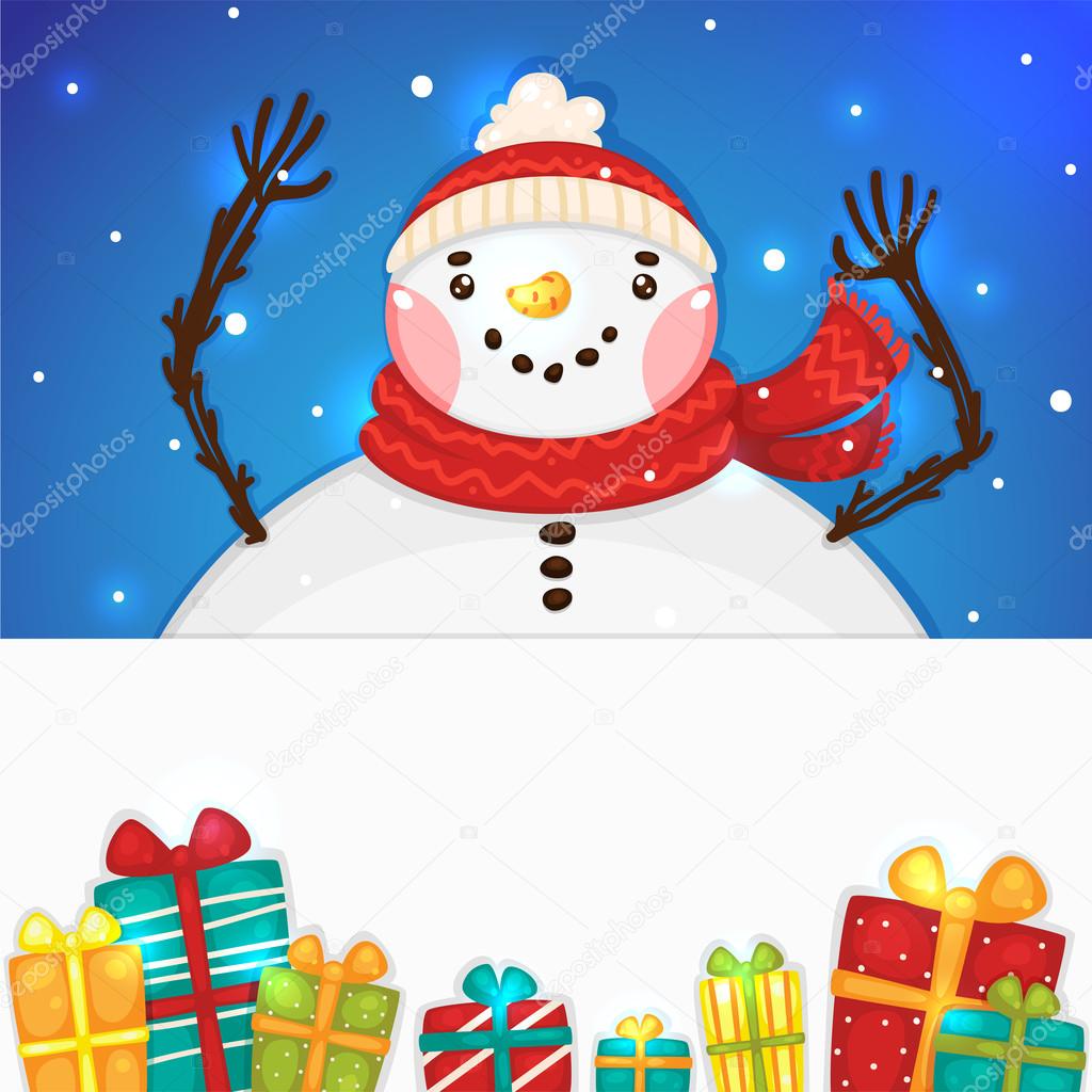 Cute Snowman with gifts and blank horizontal banner, vector.