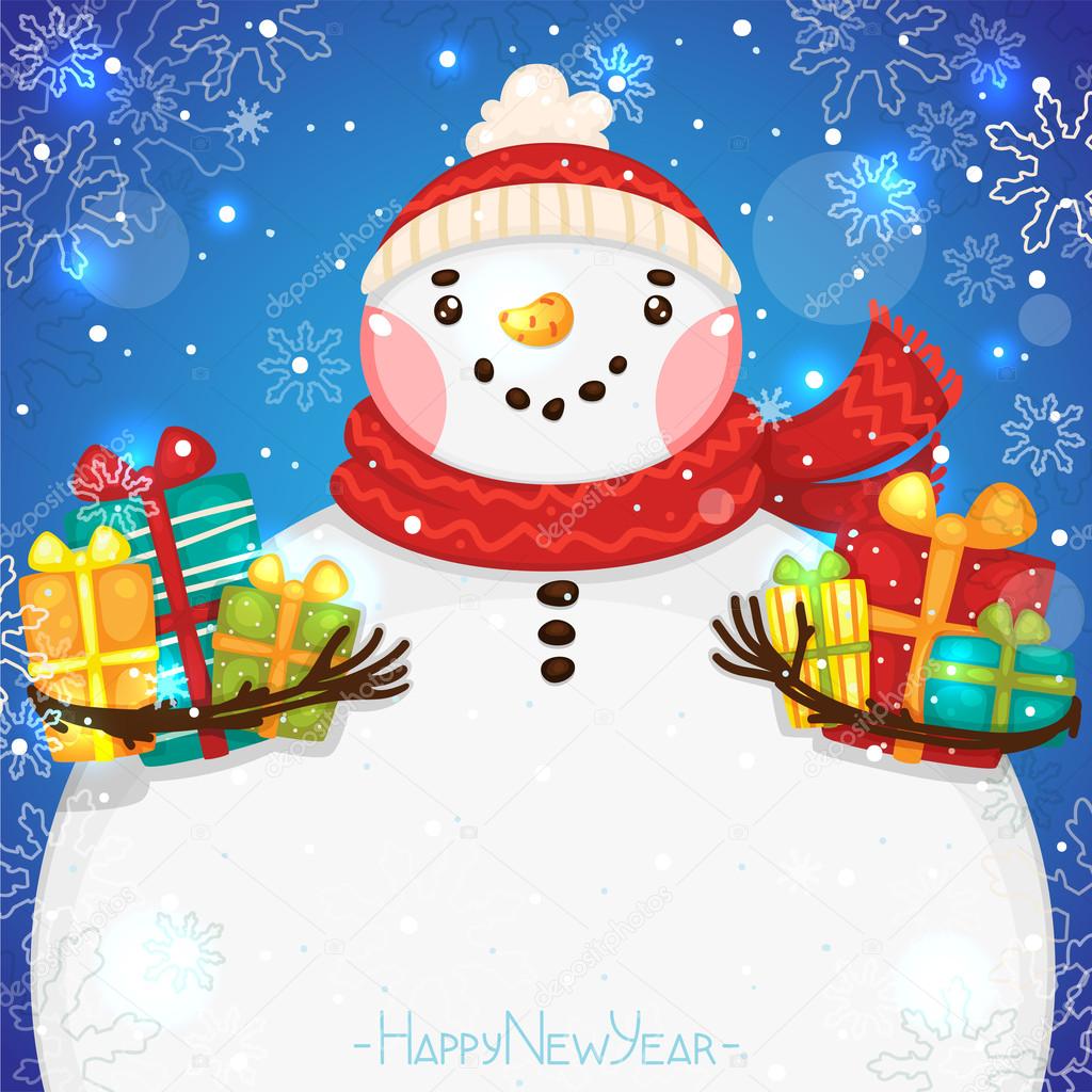 Happy New Year card with Snowman and gifts, vector.